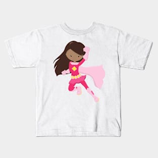 African American Girl, Superhero Girl, Pink Cape Kids T-Shirt